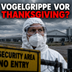 Ein besorgter Landarbeiter in Schutzkleidung vor einer Truthahnfarm, die von H5N1 in US-Truthahnbeständen betroffen ist.