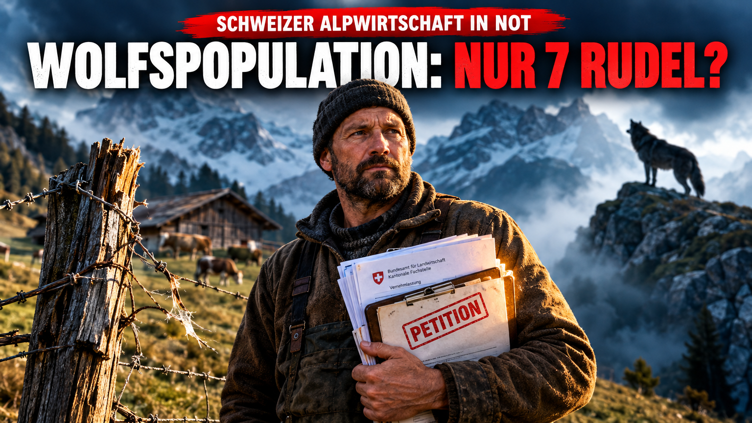 Junge SVP Wolfsregulierung Schweiz: Obergrenze von sieben Rudeln gefordert 1 Junge SVP Wolfsregulierung Schweiz: Ein Schweizer Bergbauer mit einer Petition zur Jungen SVP Wolfsregulierung Schweiz auf einer nebligen Alp.