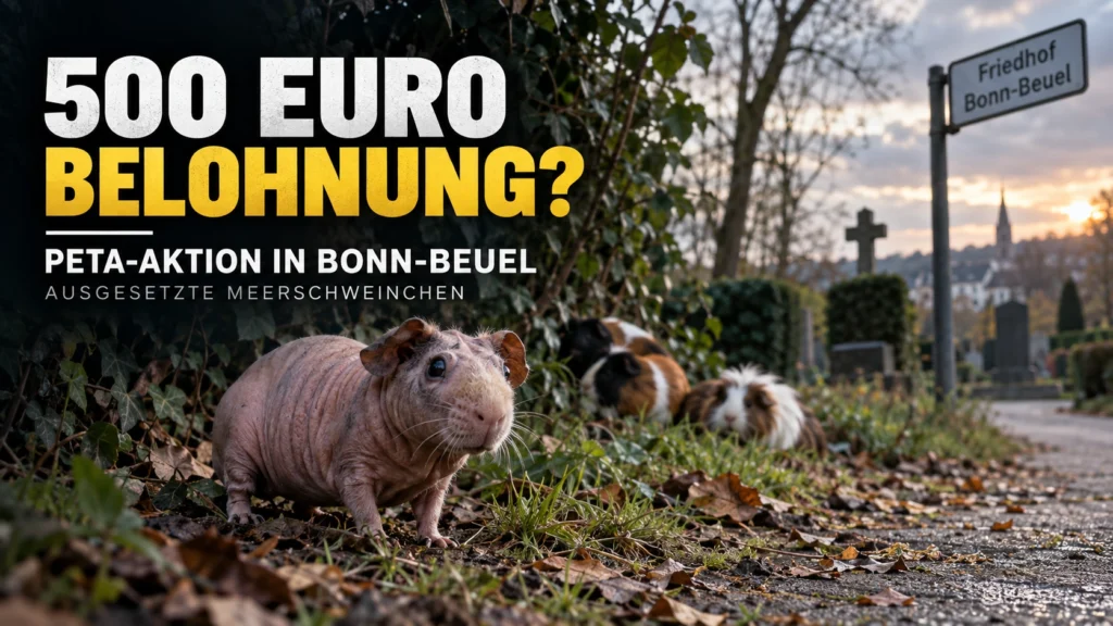 PETA Belohnung für ausgesetzte Meerschweinchen in Bonn-Beuel mit Nacktmeerschweinchen vor einem Friedhof und Hinweis auf 500 Euro Belohnung.