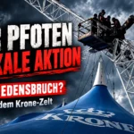 Vier Pfoten Circus Krone: Titelbild mit Zirkuszelt, Kletteraktion auf der Konstruktion und kritischer Schlagzeile zu Hausfriedensbruch in Hamburg.