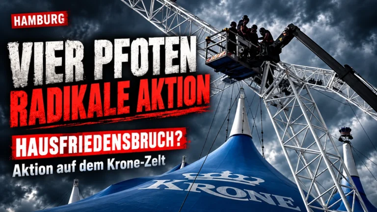 Vier Pfoten Circus Krone: Titelbild mit Zirkuszelt, Kletteraktion auf der Konstruktion und kritischer Schlagzeile zu Hausfriedensbruch in Hamburg.