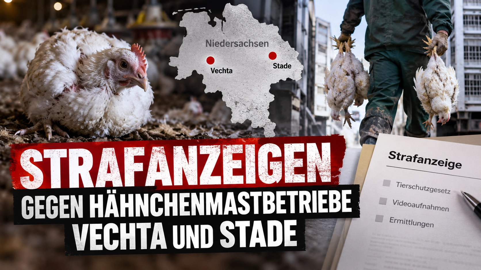 Hähnchenmastbetriebe Vechta Stade mit Masthähnchen, Karte von Niedersachsen und Hinweis auf Strafanzeigen wegen Tierschutzvorwürfen.
