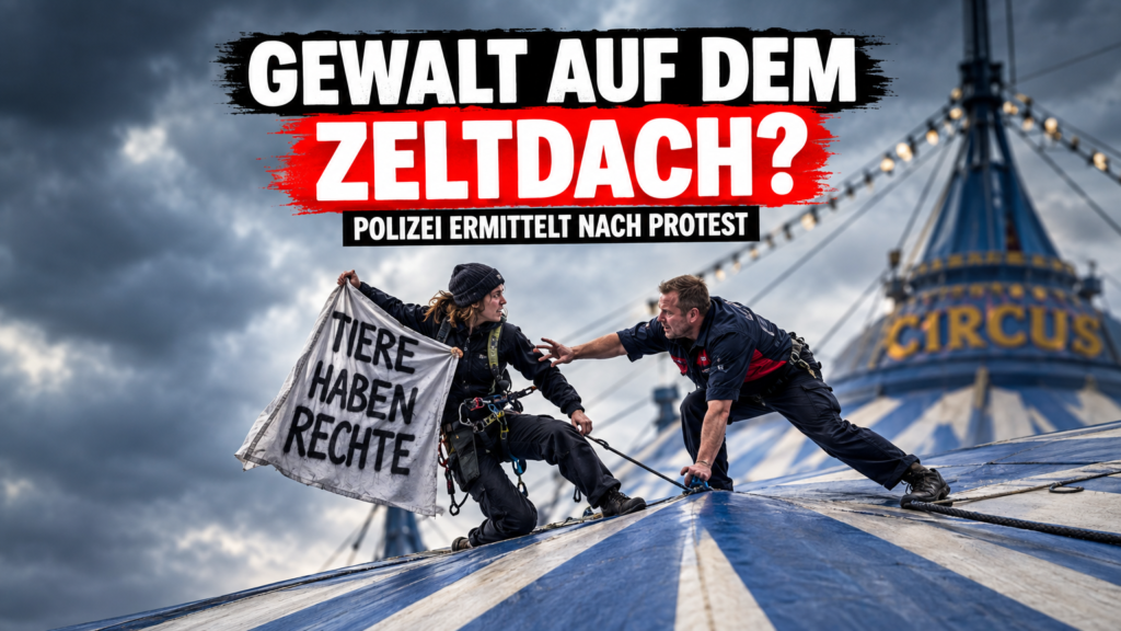 Eine dramatische Kletteraktion Circus Krone Hamburg auf dem Heiligengeistfeld mit Zirkusmitarbeitern und Aktivisten.