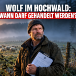 Ein besorgter Landwirt steht auf einer Weide im Hochwald, während im Hintergrund die Bedrohung durch Wolfsrisse im Hochwald sichtbar wird.