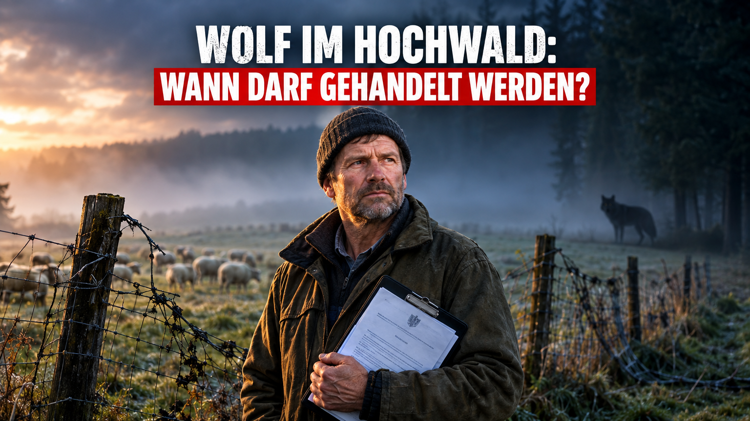 Ein besorgter Landwirt steht auf einer Weide im Hochwald, während im Hintergrund die Bedrohung durch Wolfsrisse im Hochwald sichtbar wird.