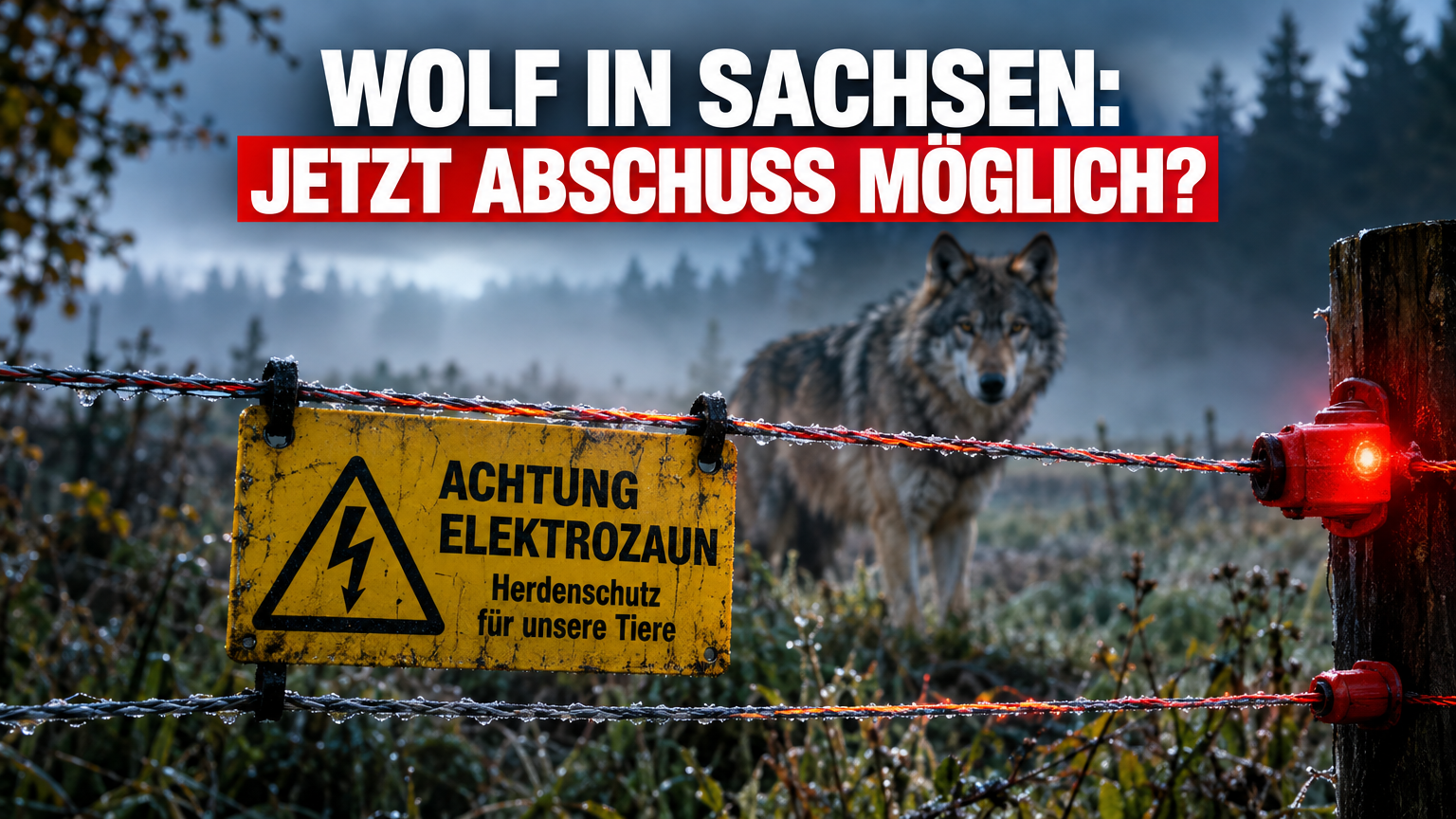 Ein elektrischer Weidezaun als Herdenschutz vor einem Wolf im Wald symbolisiert das neue Wolfsmanagement Sachsen.