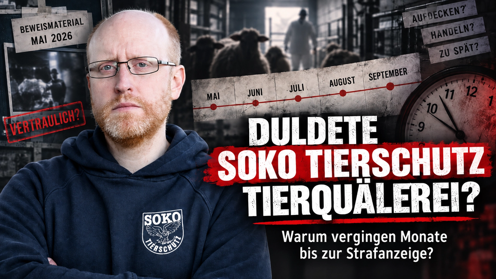Tierschutzvorwürfe gegen Schlachtbetrieb: Kritisches Titelbild mit Friedrich Mülln, Zeitleiste von Mai bis September und der Frage nach verspäteter Strafanzeige.