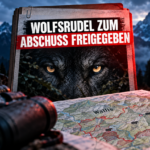 Offizielles Dokument zur Wolfsregulierung im Wallis mit einer Karte der Region und dem Blick eines Wolfes im Hintergrund.