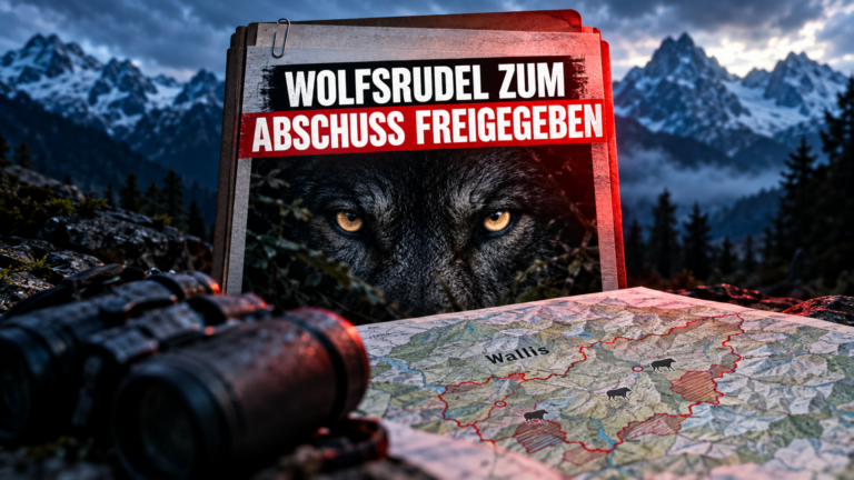 Offizielles Dokument zur Wolfsregulierung im Wallis mit einer Karte der Region und dem Blick eines Wolfes im Hintergrund.