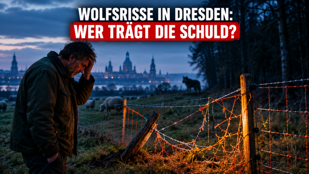 Ein betroffener Tierhalter begutachtet einen durch Wolfsrisse im Schönfelder Hochland beschädigten Weidezaun bei Dämmerung.