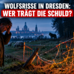 Ein betroffener Tierhalter begutachtet einen durch Wolfsrisse im Schönfelder Hochland beschädigten Weidezaun bei Dämmerung.
