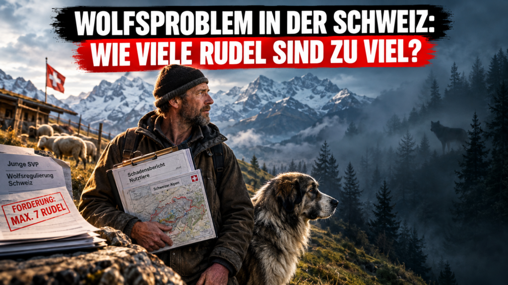 Junge SVP fordert Höchstgrenze für Wolfsbestände in der Schweiz: Ein besorgter Schweizer Bergbauer mit Schadensberichten auf einer Weide, während die Junge SVP eine Höchstgrenze für Wolfsbestände in der Schweiz fordert.