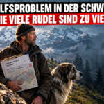 Junge SVP fordert Höchstgrenze für Wolfsbestände in der Schweiz: Ein besorgter Schweizer Bergbauer mit Schadensberichten auf einer Weide, während die Junge SVP eine Höchstgrenze für Wolfsbestände in der Schweiz fordert.