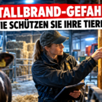 Ein landwirtschaftlicher Prüfer untersucht eine defekte elektrische Anlage im Stall, um einen Stallbrand vorbeugen zu können.