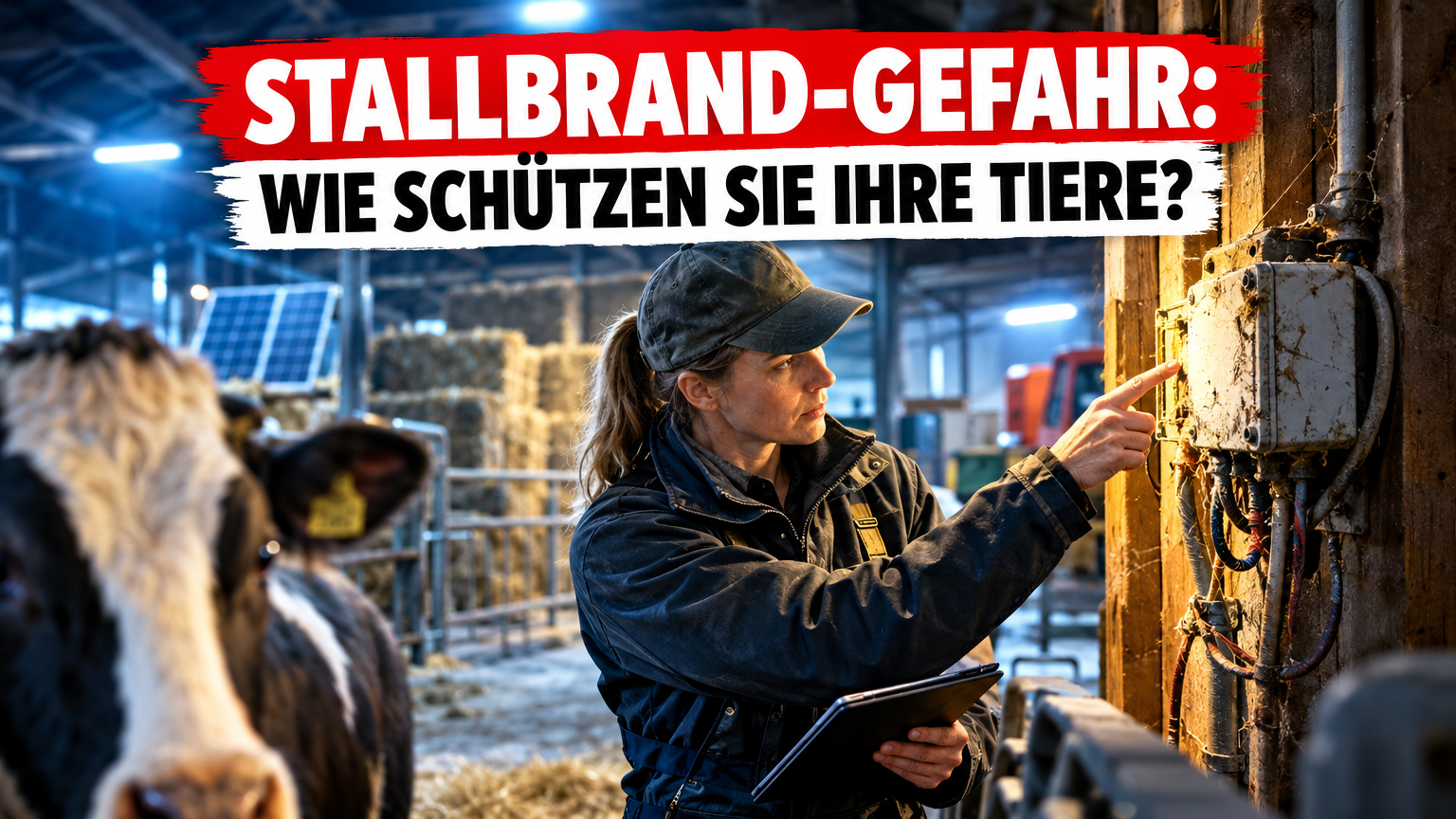 Stallbrand vorbeugen: Warum Wartung und Fluchtwege wichtige Vorsorgemaßnahmen sind 1 Ein landwirtschaftlicher Prüfer untersucht eine defekte elektrische Anlage im Stall, um einen Stallbrand vorbeugen zu können.