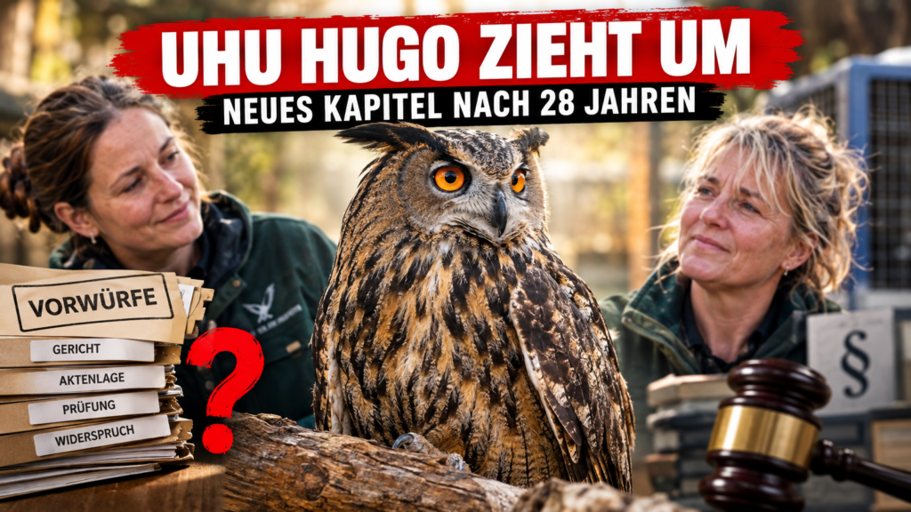 Uhu Hugo zieht nach 28 Jahren vom Zoo Rostock in den Zoo Stralsund und sitzt auf einem Ast.