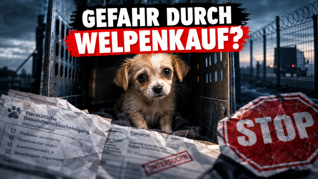 Ein verängstigter Welpe in einer Transportbox als Symbol für die Risiken beim Welpenkauf aus Osteuropa.