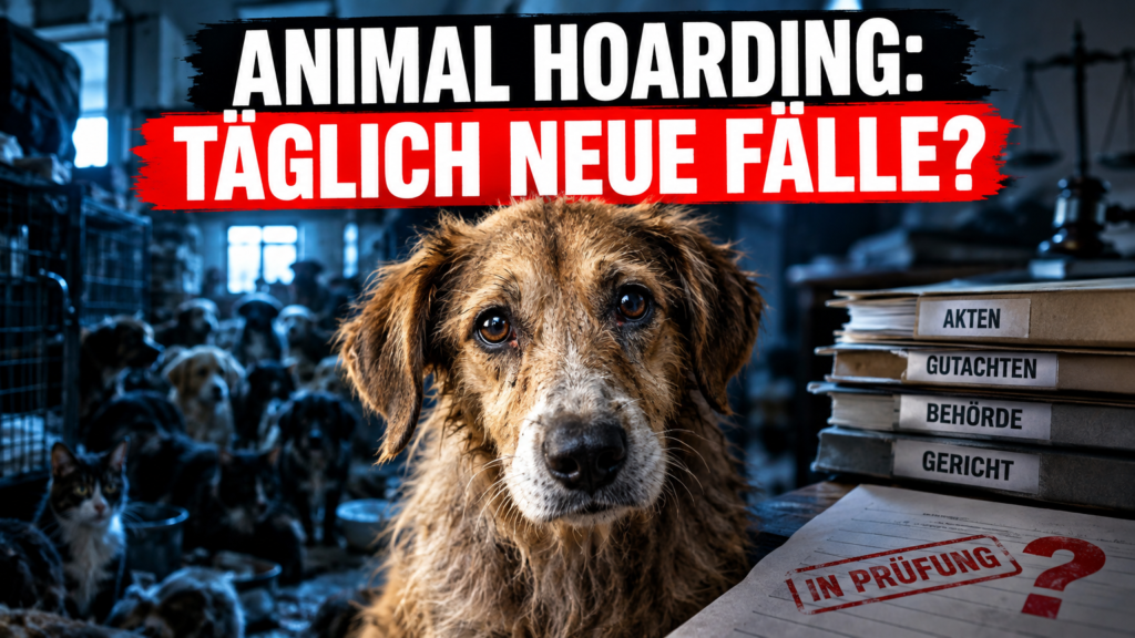 Ein vernachlässigter Hund blickt in die Kamera, während im Hintergrund die Problematik von Animal Hoarding in Deutschland durch eine überfüllte Umgebung angedeutet wird.