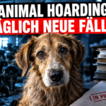 Ein vernachlässigter Hund blickt in die Kamera, während im Hintergrund die Problematik von Animal Hoarding in Deutschland durch eine überfüllte Umgebung angedeutet wird.