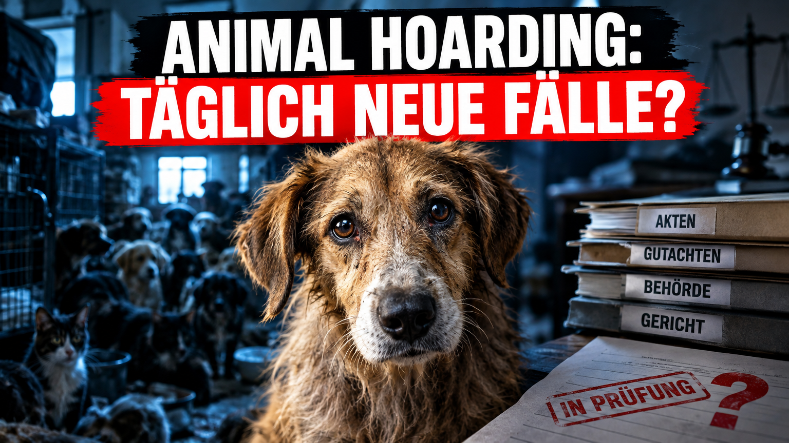 Ein vernachlässigter Hund blickt in die Kamera, während im Hintergrund die Problematik von Animal Hoarding in Deutschland durch eine überfüllte Umgebung angedeutet wird.