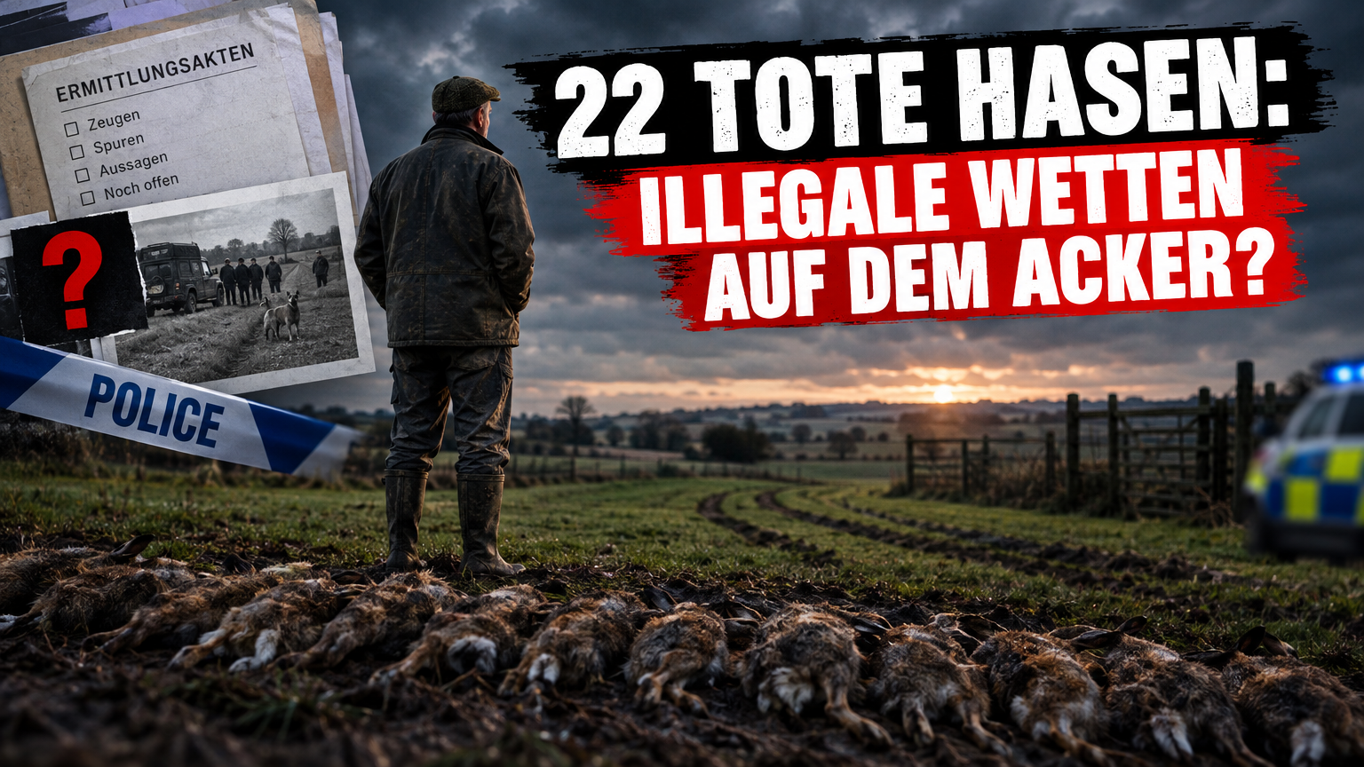 Illegale Hasenjagd in England: Ein besorgter Landwirt auf einem Feld in Kent nach der Entdeckung von 22 toten Hasen bei einer illegalen Hasenjagd in England.