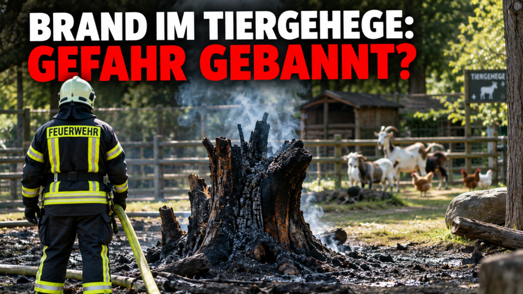 Ein Feuerwehrmann löscht einen brennenden Baumstumpf bei einem Brand im Tiergehege im Bad Windsheimer Kurpark.
