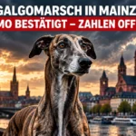 Galgomarsch in Mainz – Galgo vor der Mainzer Stadtkulisse mit Hinweis auf bestätigte Demo und offene Zahlen