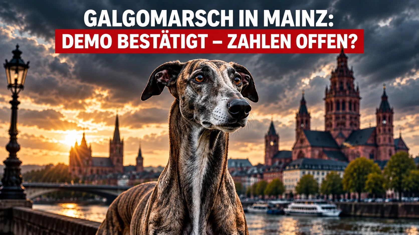 Galgomarsch in Mainz – Galgo vor der Mainzer Stadtkulisse mit Hinweis auf bestätigte Demo und offene Zahlen