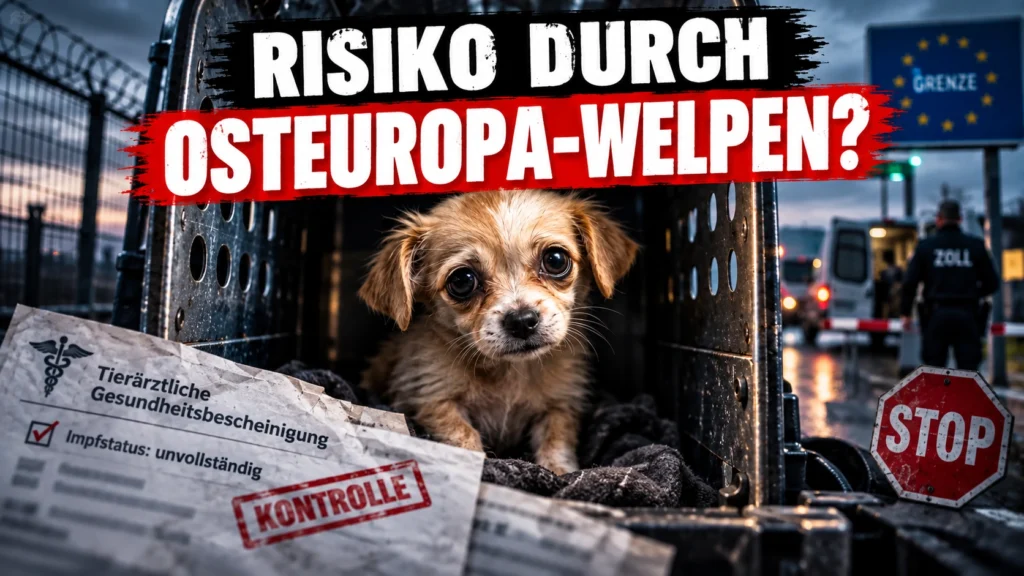 Welpenkauf aus Osteuropa: Verängstigter Welpe in Transportbox an einer Grenzkontrolle mit Gesundheitsbescheinigung und Warnhinweis.