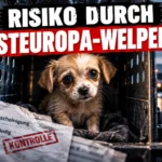Welpenkauf aus Osteuropa: Verängstigter Welpe in Transportbox an einer Grenzkontrolle mit Gesundheitsbescheinigung und Warnhinweis.