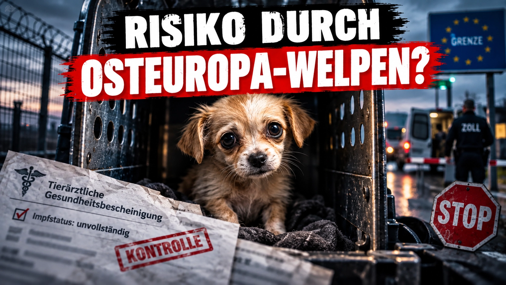 Welpenkauf aus Osteuropa: Verängstigter Welpe in Transportbox an einer Grenzkontrolle mit Gesundheitsbescheinigung und Warnhinweis.