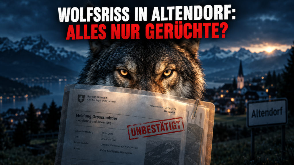 Ein investigatives Bild zum Ziegenriss und Jungwolf in Altendorf SZ mit einem Wolfskopf und offiziellen Dokumenten.
