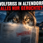 Ein investigatives Bild zum Ziegenriss und Jungwolf in Altendorf SZ mit einem Wolfskopf und offiziellen Dokumenten.