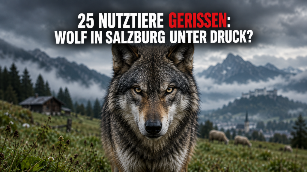 Ein intensiver Wolf in Salzburg blickt direkt in die Kamera vor einer nebligen Alpenkulisse.