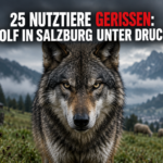 Ein intensiver Wolf in Salzburg blickt direkt in die Kamera vor einer nebligen Alpenkulisse.