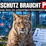 Artenschutz und Platznot: Ein Karpatenluchs vor einer europäischen Karte mit Zuchtnetzwerken und Unterlagen zur Erhaltungszucht in Schweizer Zoos.