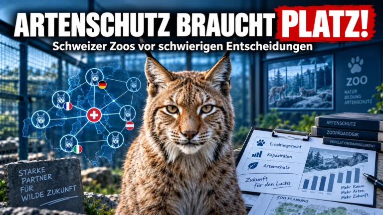 Artenschutz und Platznot: Ein Karpatenluchs vor einer europäischen Karte mit Zuchtnetzwerken und Unterlagen zur Erhaltungszucht in Schweizer Zoos.