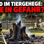 Feuerwehrmann vor einem verkohlten Baumstumpf beim Brand im Tiergehege im Bad Windsheimer Kurpark, während Ziegen und Hühner im Gehege zu sehen sind.