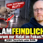 SOKO Tierschutz islamfeindlich? Titelbild mit Friedrich Mülln, Szene aus dem Video zum betäubungslosen Schlachten und markierter Stelle ohne sichtbaren Blutfluss.