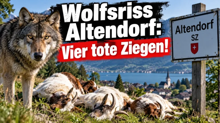 Wolfsriss Altendorf mit Wolf und vier toten Ziegen vor der Kulisse von Altendorf SZ.