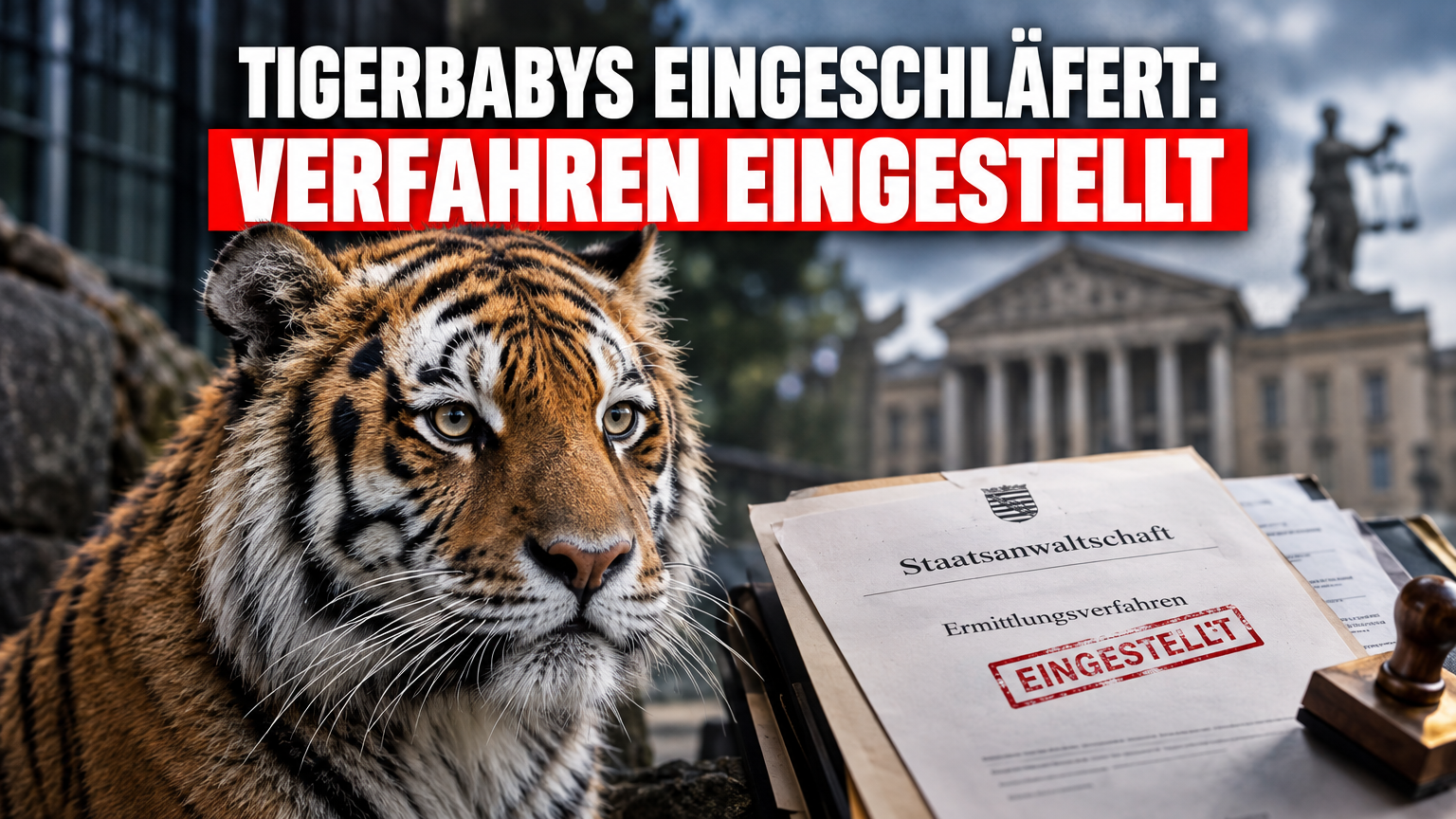 Staatsanwaltschaft Leipzig stellt Verfahren ein: Eine Amurtiger-Mutter in ihrem Gehege neben juristischen Dokumenten, nachdem die Staatsanwaltschaft Leipzig das Verfahren einstellt.
