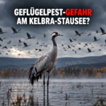 Ein einsamer Kranich im nebligen Wasser des Stausees Kelbra vor dem Hintergrund eines herbstlichen Vogelzugs, der das Geflügelpest-Risiko am Stausee Kelbra symbolisiert.