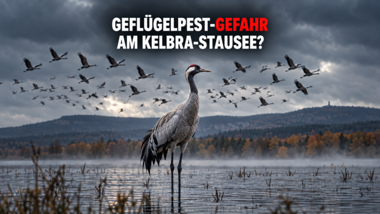 Ein einsamer Kranich im nebligen Wasser des Stausees Kelbra vor dem Hintergrund eines herbstlichen Vogelzugs, der das Geflügelpest-Risiko am Stausee Kelbra symbolisiert.