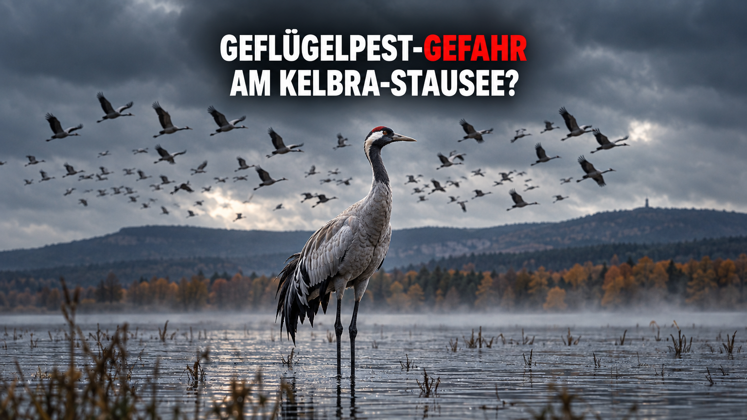 Kranichzug: Experten warnen vor Geflügelpest-Risiko am Stausee Kelbra 1 Ein einsamer Kranich im nebligen Wasser des Stausees Kelbra vor dem Hintergrund eines herbstlichen Vogelzugs, der das Geflügelpest-Risiko am Stausee Kelbra symbolisiert.