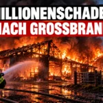 Brand auf Bauernhof in Grosselfingen: Ein Feuerwehrmann bekämpft einen Großbrand auf einem landwirtschaftlichen Betrieb mit Millionenschaden.