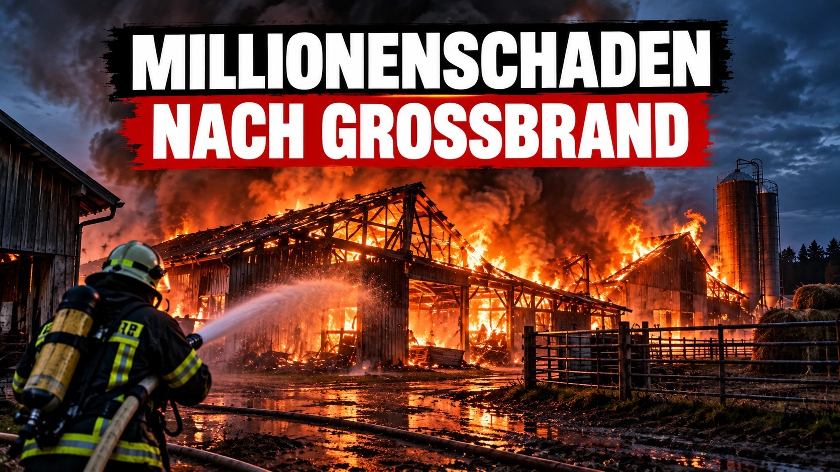 Brand auf Bauernhof in Grosselfingen: Ein Feuerwehrmann bekämpft einen Großbrand auf einem landwirtschaftlichen Betrieb mit Millionenschaden.