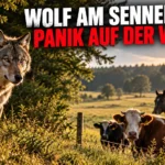 Wolf am Waldrand gegenüber Rindern und Pferden auf einer Weide – Wolfshinweise Schloß Holte-Stukenbrock sorgen für Besorgnis.