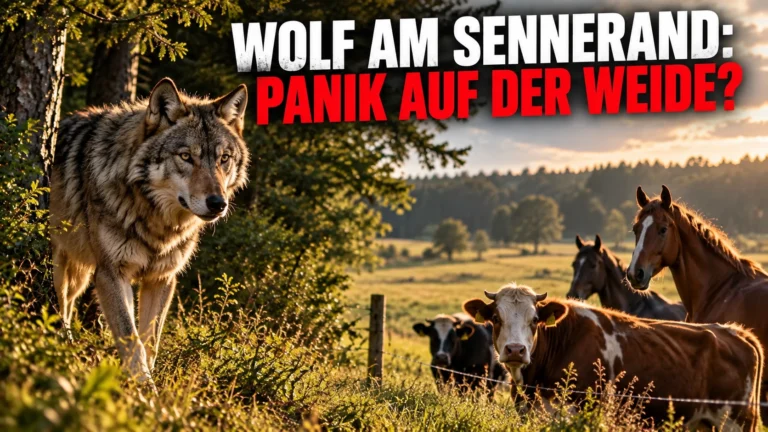 Wolf am Waldrand gegenüber Rindern und Pferden auf einer Weide – Wolfshinweise Schloß Holte-Stukenbrock sorgen für Besorgnis.