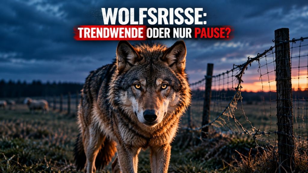 Ein aufmerksamer Wolf vor einem beschädigten Weidezaun symbolisiert die zunehmenden Nutztierrisse durch Wölfe in Deutschland.