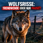 Ein aufmerksamer Wolf vor einem beschädigten Weidezaun symbolisiert die zunehmenden Nutztierrisse durch Wölfe in Deutschland.